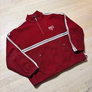 Roots Athletics Mens Fleece Quarter Zip Pullover Red Grey Stripe Vintage Style L